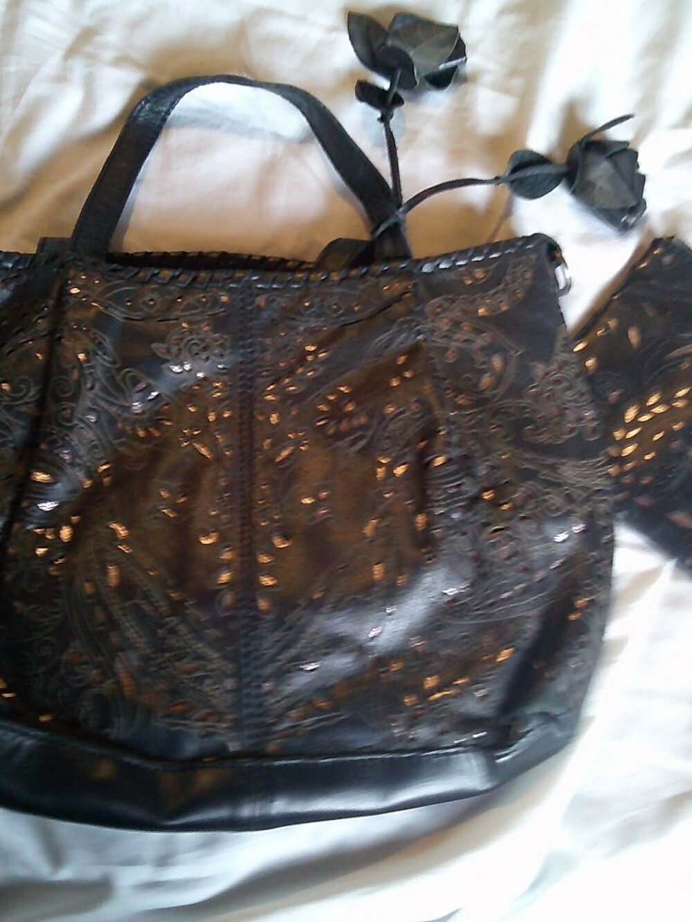 Patricia Nash Blck Leather Laser Cut Tooled Floral Silver Accents Shoulder purse